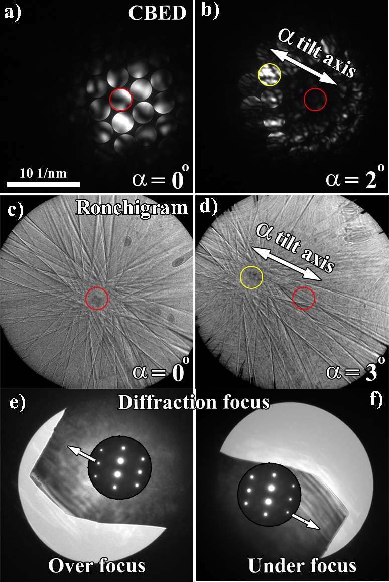 Calibration of the orientation of the α tilt axis in TEM
diffraction and STEM (Ronchigram mode) using a single crystalline
sample. CBED patterns (a-b) illustrate the crystal on zone (a) and
tilted ~2° in the α tilt (b). Ronchigram mode showing the crystal on
zone (c) and ~3° in the α tilt (d). Over (e) and under (f) focus images
of the central diffracted beam showing the orientation of the sample
with respect to the diffraction pattern.